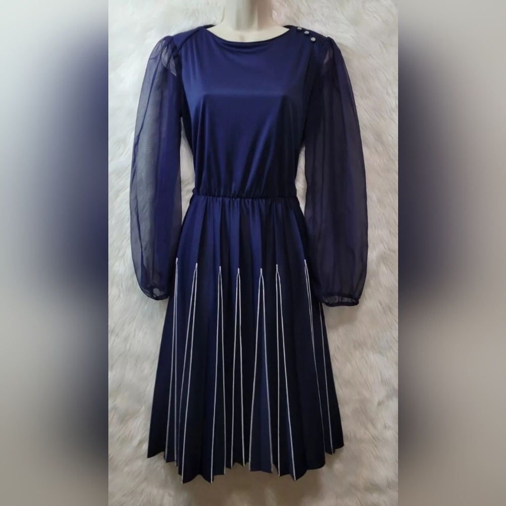 VTG Navy Blue White Mod Pleated Romantic Shear Sleeves Pearls Dress by Barone